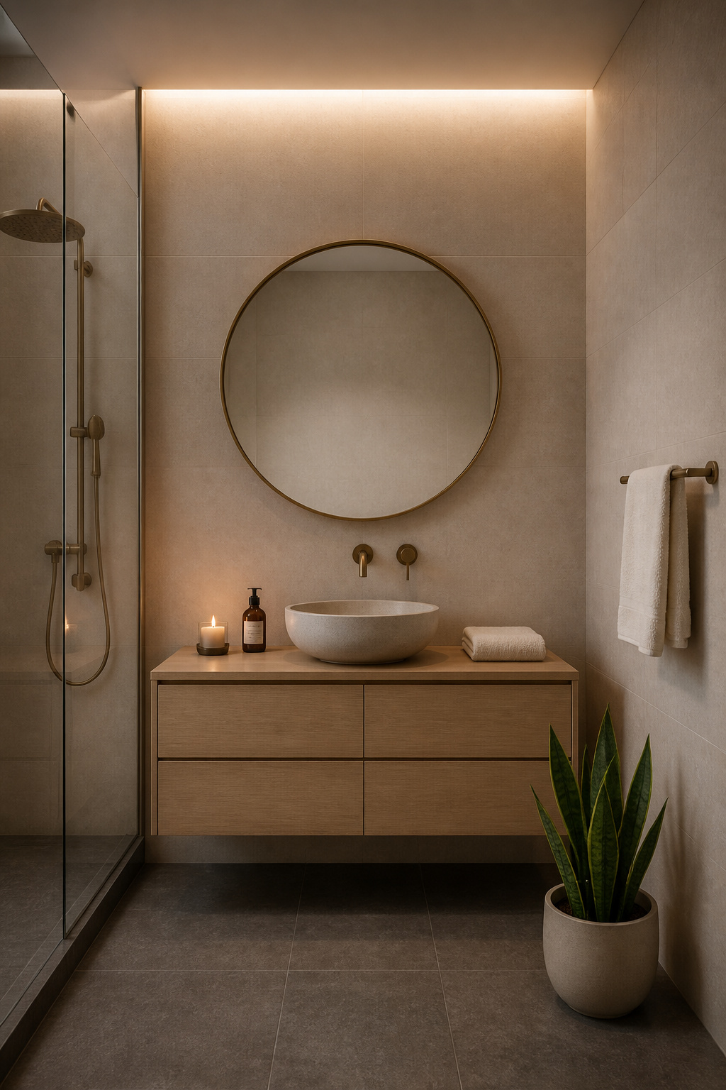 The Japandi bathroom at its most considered: white oak, honed basalt, unlacquered brass, a single plant, one candle. Where Nordic warmth and Japanese restraint converge.