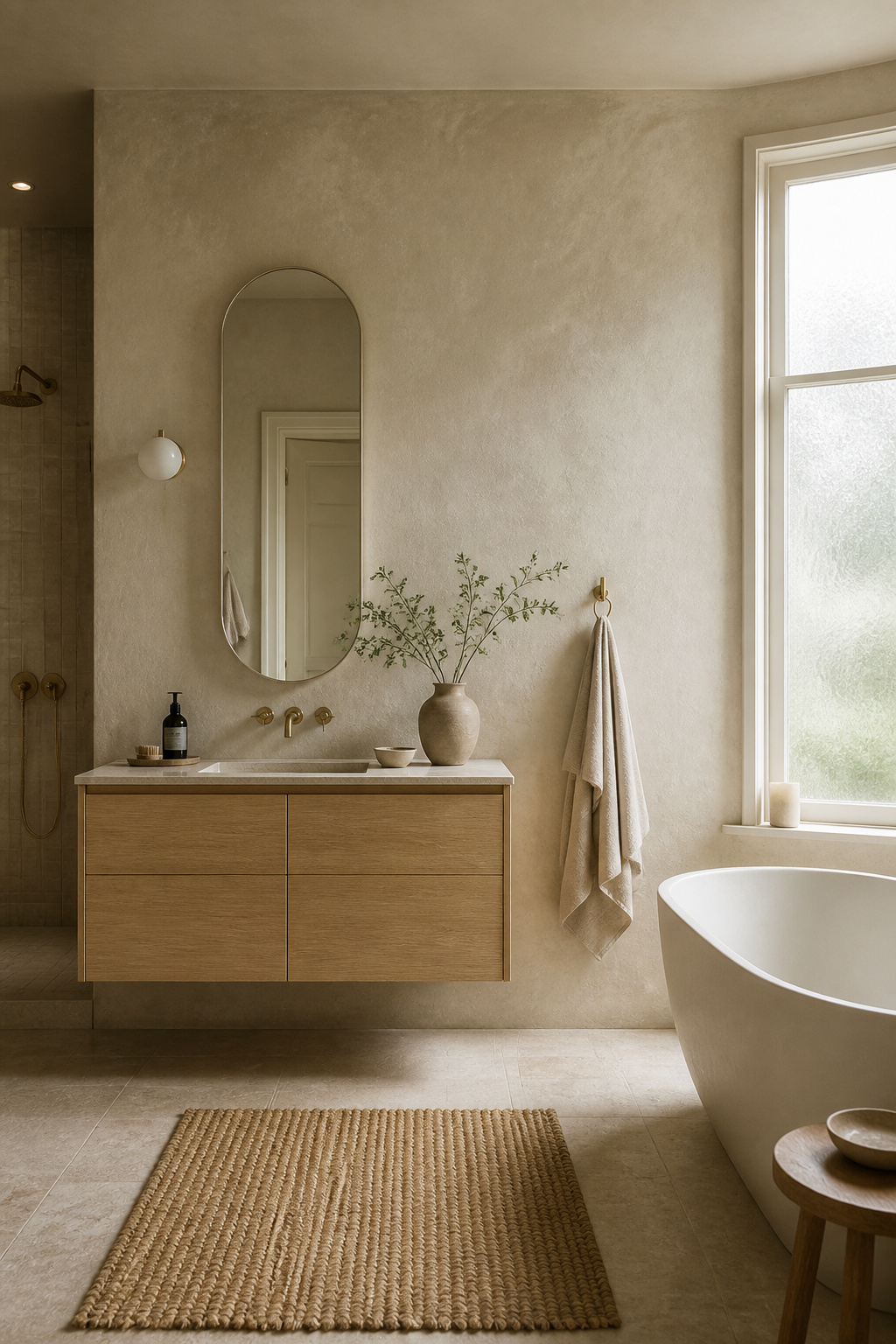Warm off-white limewash plaster walls bring organic texture and natural breathability to this Nordic bathroom — the ideal backdrop for white oak and brushed brass.