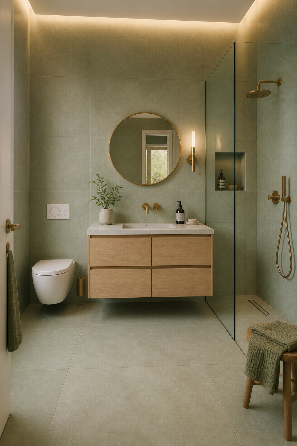 Large-format sage porcelain tile runs floor-to-ceiling with a 1/8-inch rectified joint — continuous surfaces and minimal grout lines create the expansive, calm Nordic bathroom aesthetic.