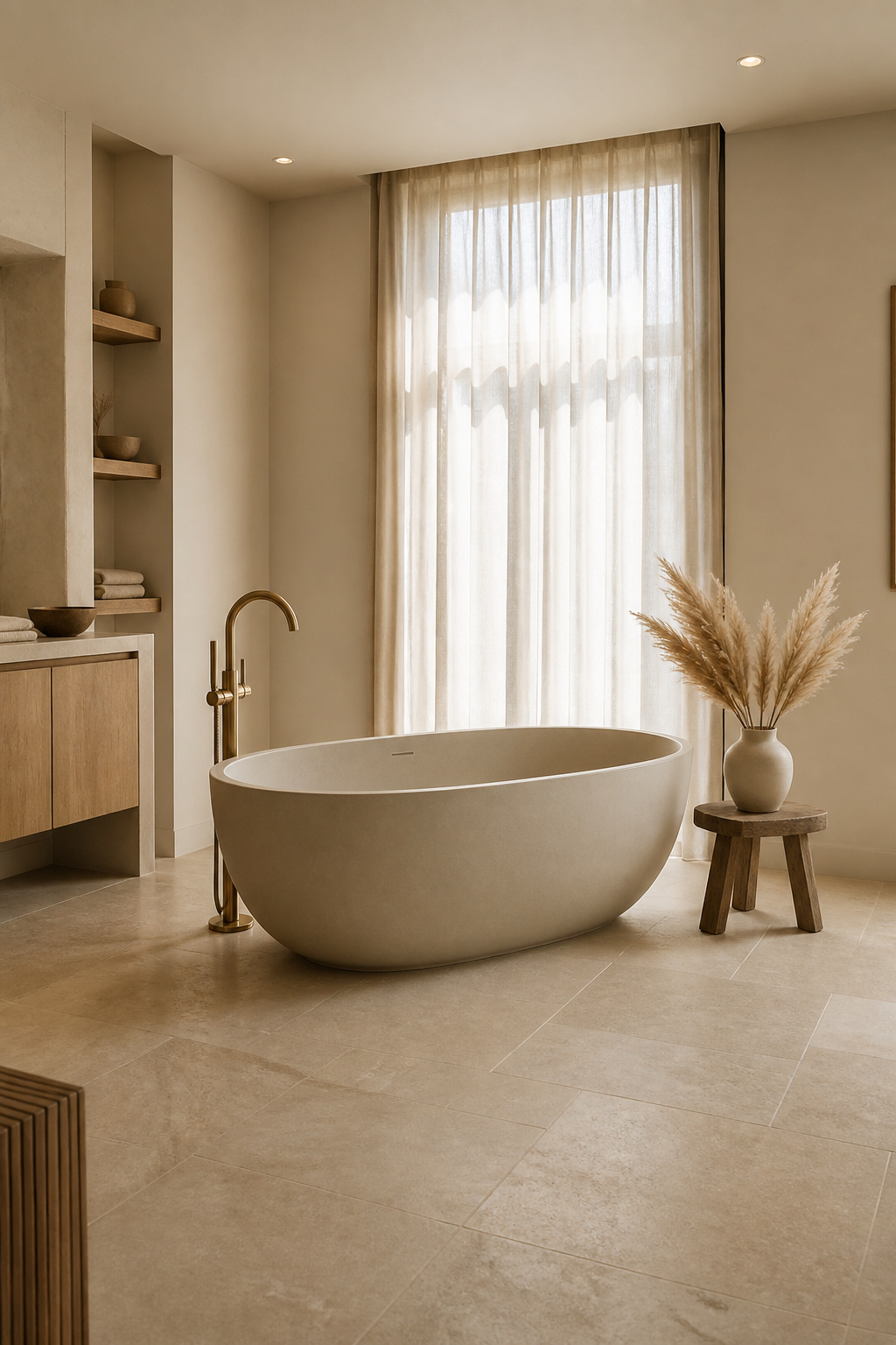 A matte stone resin freestanding soaking tub positioned with generous floor clearance on all sides — the defining centrepiece of a serene Nordic bathroom.