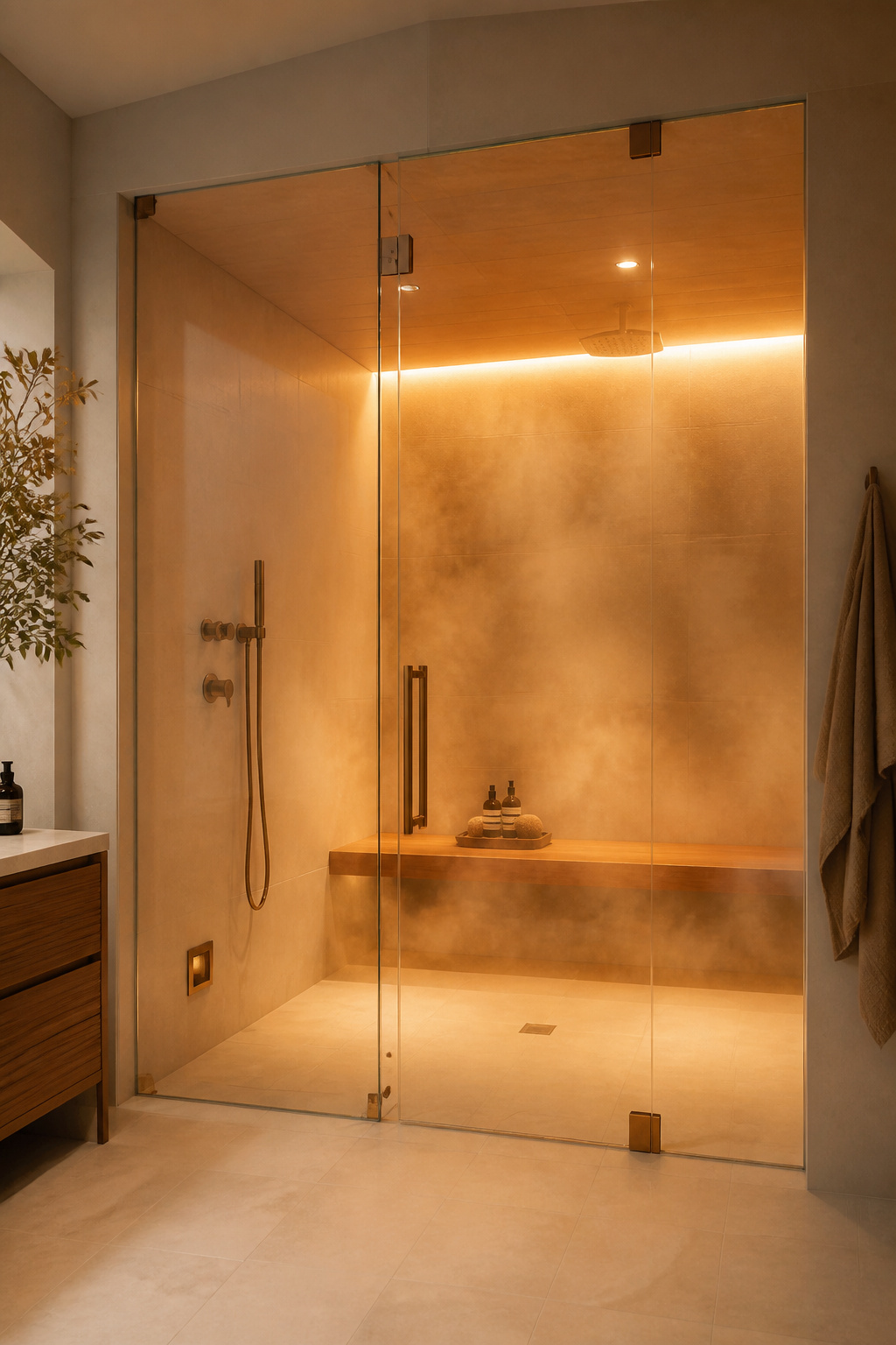 A sealed steam shower enclosure with large-format porcelain tile, teak bench seating, and warm amber LED lighting — bringing a Nordic spa experience home.