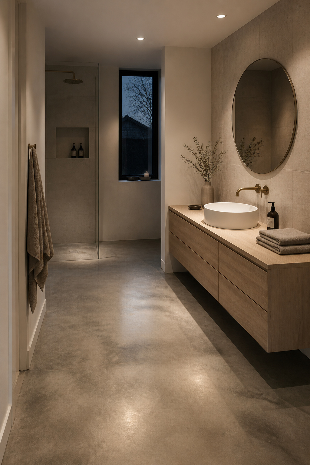 Polished concrete underfloor — warm underfoot year-round with electric radiant heating — brings honest Nordic material character to the bathroom.