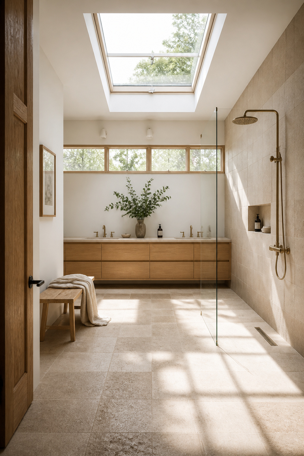 A skylight above the shower zone and clerestory windows along the rear wall fill this Nordic bathroom with the overhead natural light Scandinavian designers prioritise in every room.