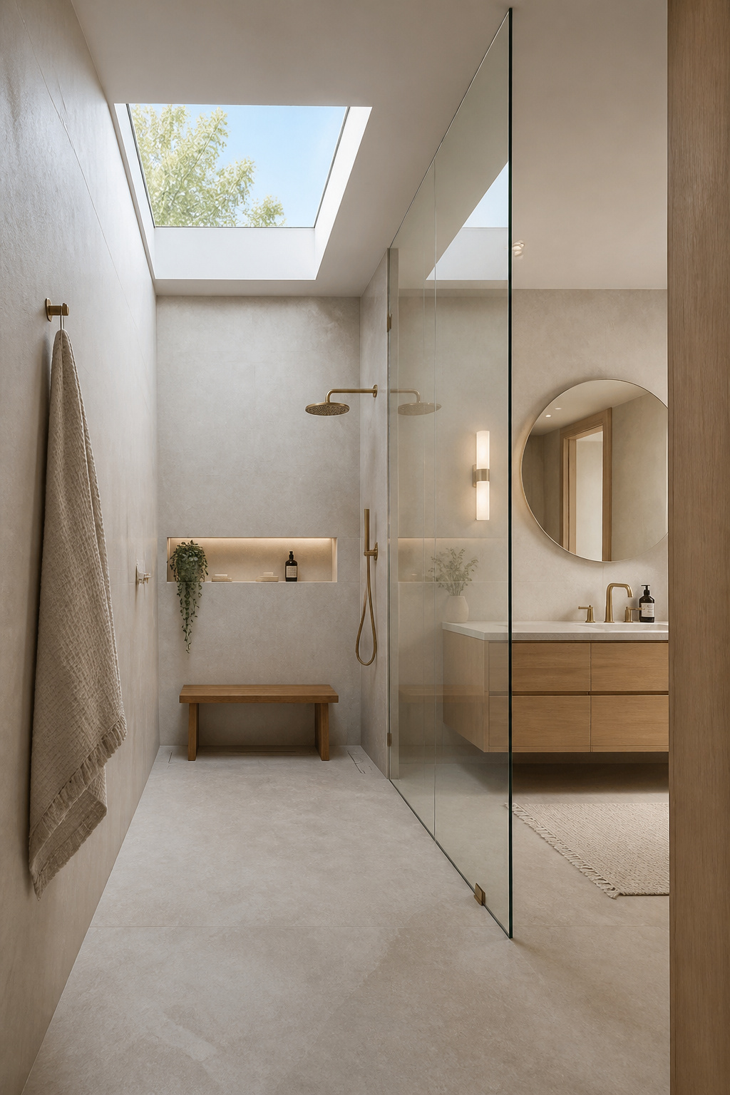 A frameless glass wet room shower with continuous large-format porcelain tile and a linear drain — the open plan format that makes any bathroom feel twice its size.