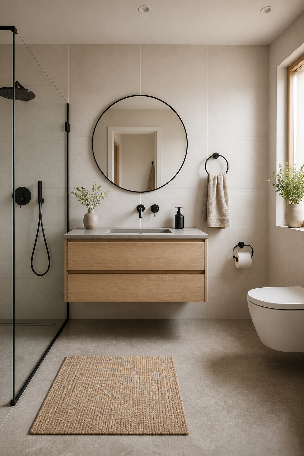 Consistent matte black hardware across every fitting ties this Nordic bathroom together with quiet precision. PVD coating means the finish looks exactly the same in ten years.