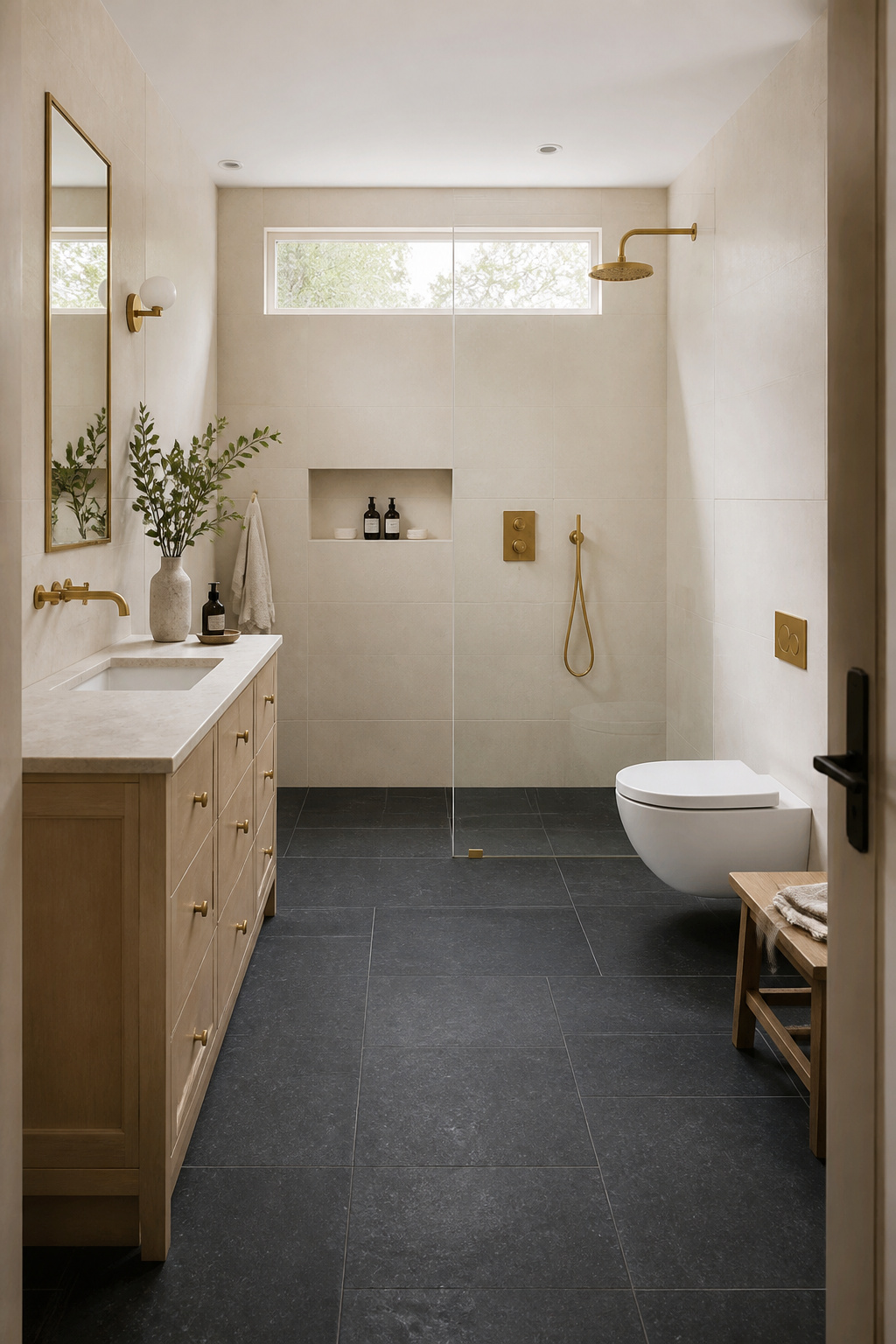 Honed basalt floor tiles paired with honed limestone walls create a sophisticated Nordic contrast — matte finishes providing grip, calm, and natural character in equal measure.
