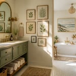 A bathroom that treats wall art as essential rather than decorative — multiple pieces at different scales and in different formats create a space that feels genuinely personal and genuinely calming.