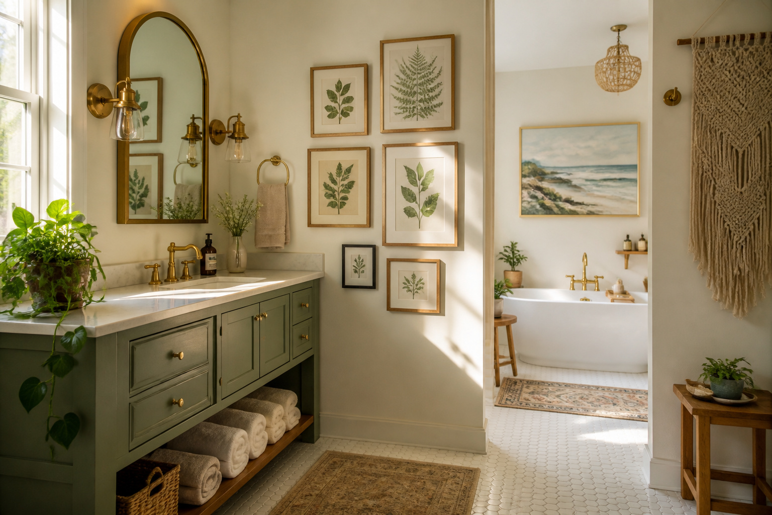 A bathroom that treats wall art as essential rather than decorative — multiple pieces at different scales and in different formats create a space that feels genuinely personal and genuinely calming.
