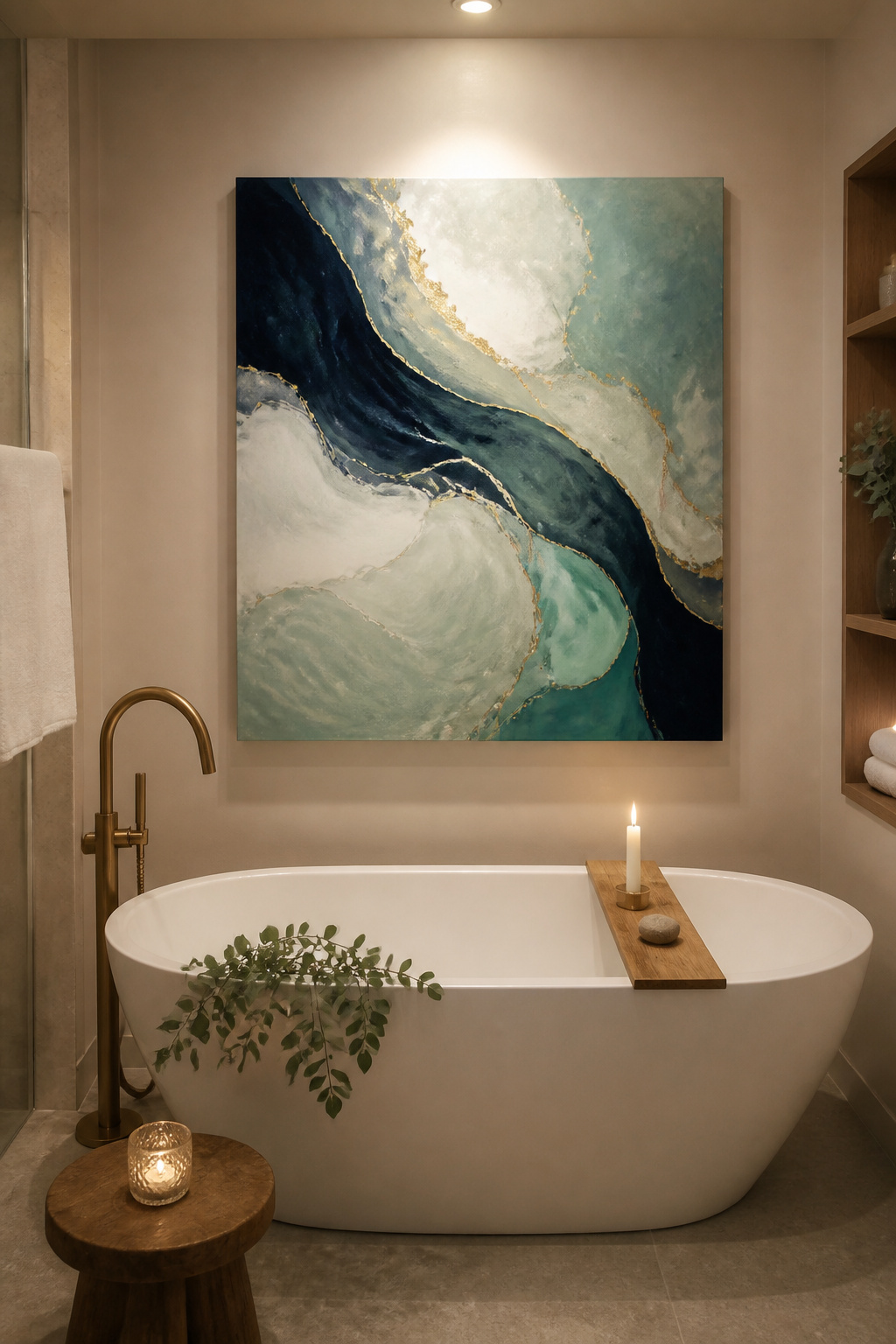An ocean-palette fluid art canvas above the bathtub creates a meditative focal point — the organic movement of the pour mirrors the unhurried quality of a long bath.