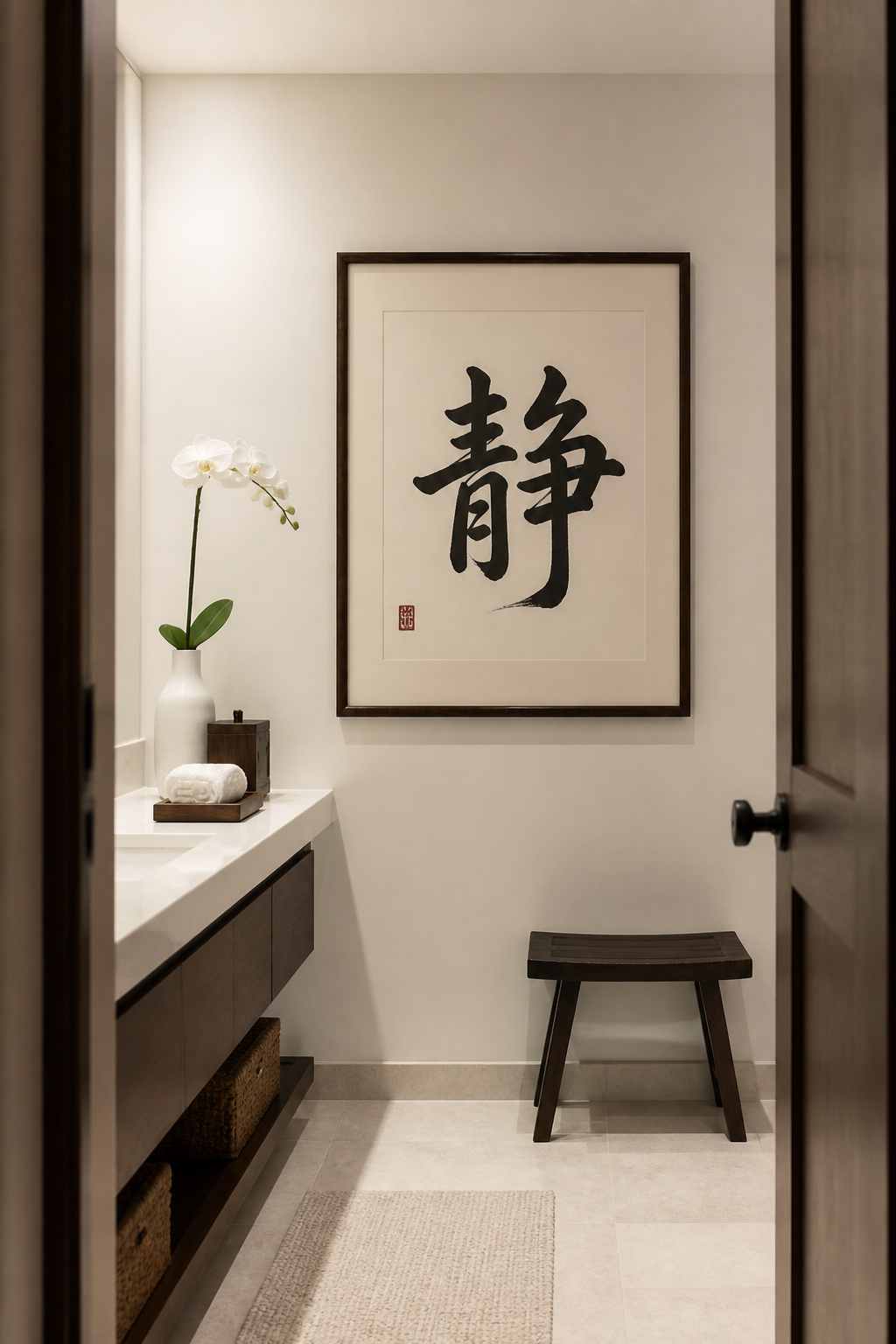 A large-format calligraphy print of 静 (stillness) greets you as you enter the bathroom each morning — a simple intentional focal point that asks nothing except a moment of quiet attention.