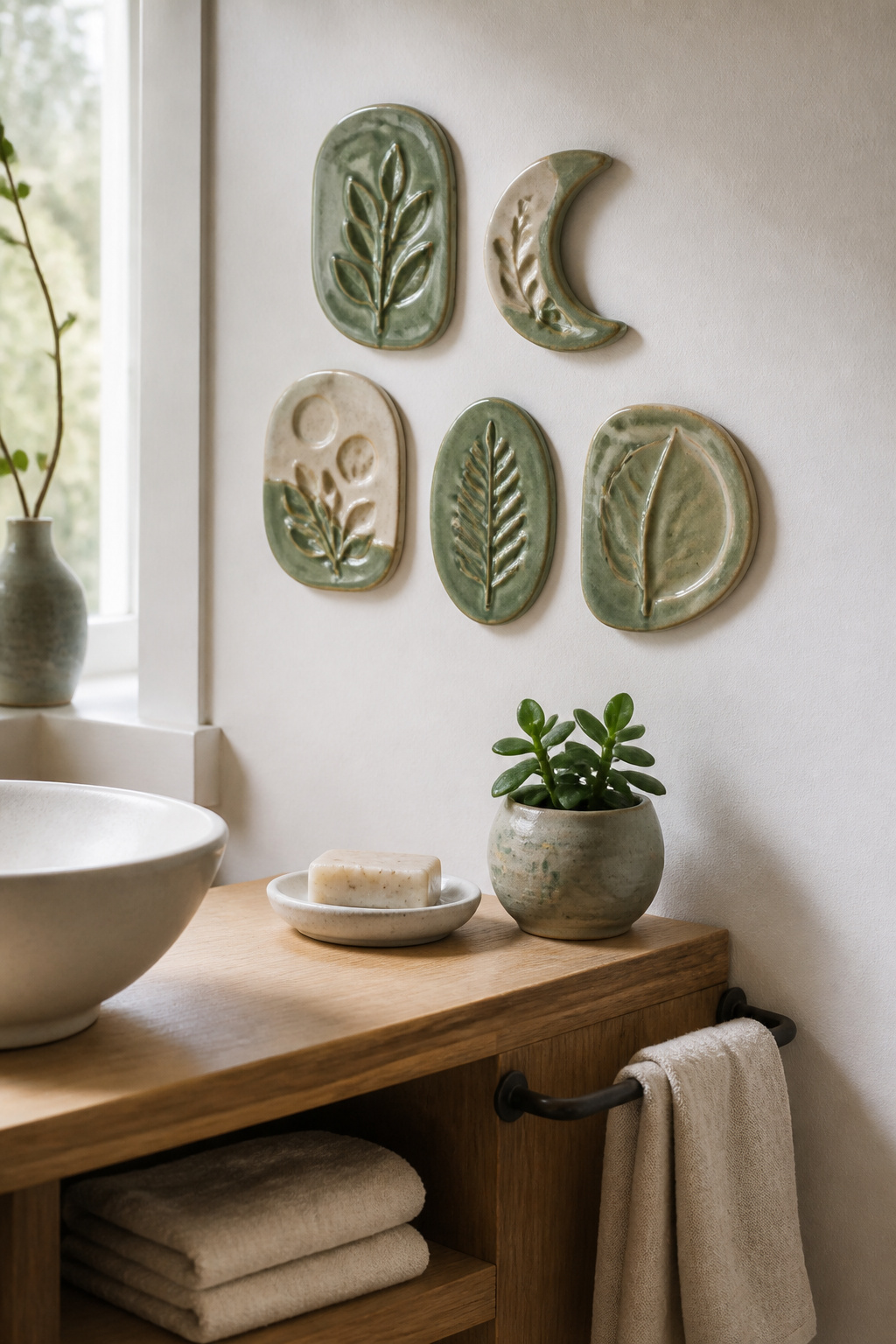 Five handmade ceramic wall pieces arranged in an organic cluster bring tactile three-dimensional art to a bathroom wall — the glaze variation and dimensional relief tell a story no flat print can.