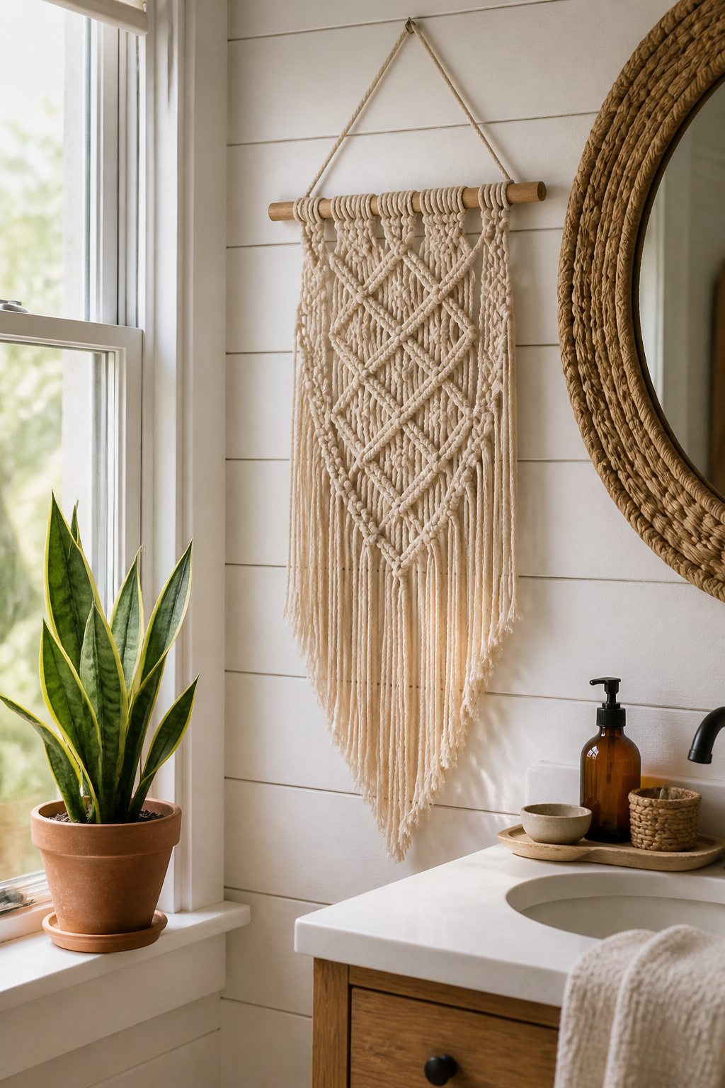 A jute macramé wall hanging adds tactile warmth and artisanal depth to a bathroom wall — the knotwork creates dynamic shadow patterns that change as the bathroom light shifts through the day.