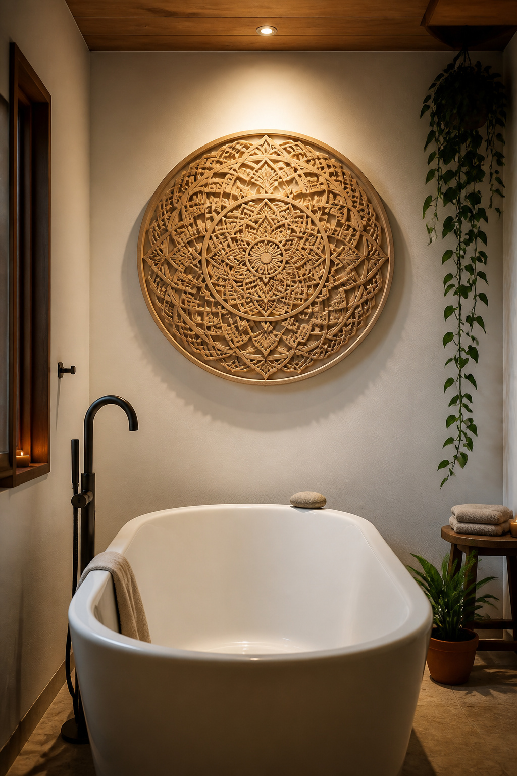A hand-carved ash wood mandala panel at the end of the bath transforms bathing into a meditative ritual — the carved relief creates shadow play that shifts with the bathroom's changing light.