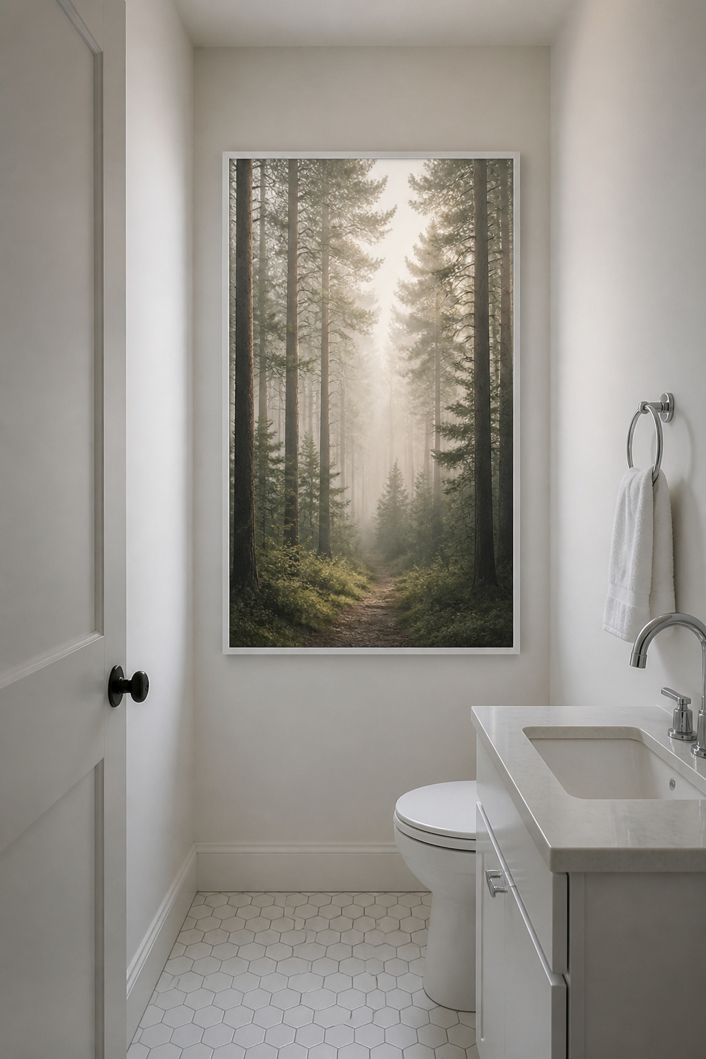 A matte-finish misty forest landscape on the bathroom's end wall creates the visual effect of a window — atmospheric perspective draws the eye deep into the image and makes the room feel larger.