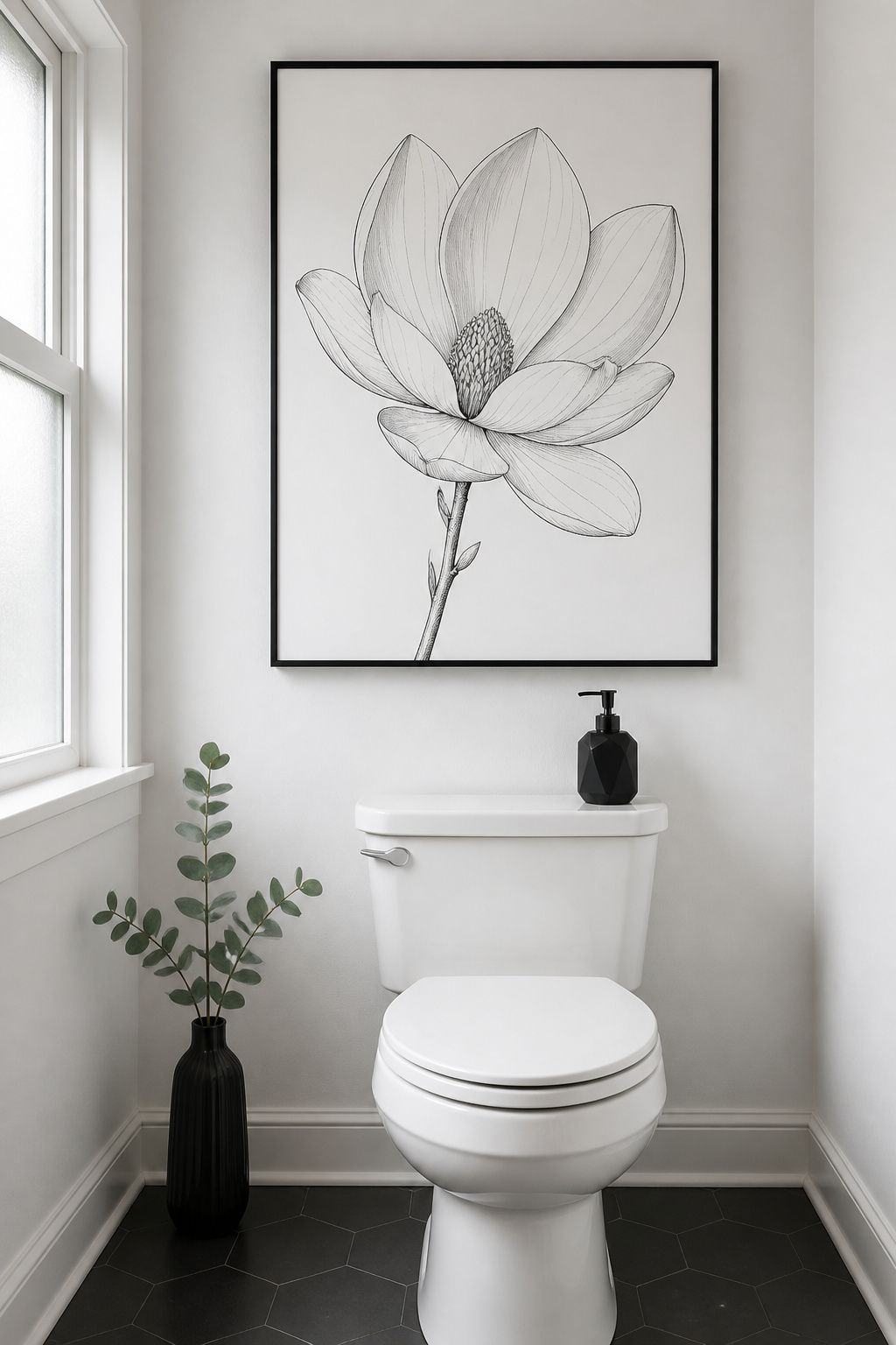 A single large botanical line drawing above the toilet creates a complete, resolved wall zone — the overscale monochrome subject has the visual authority of museum-quality work at a fraction of the cost.