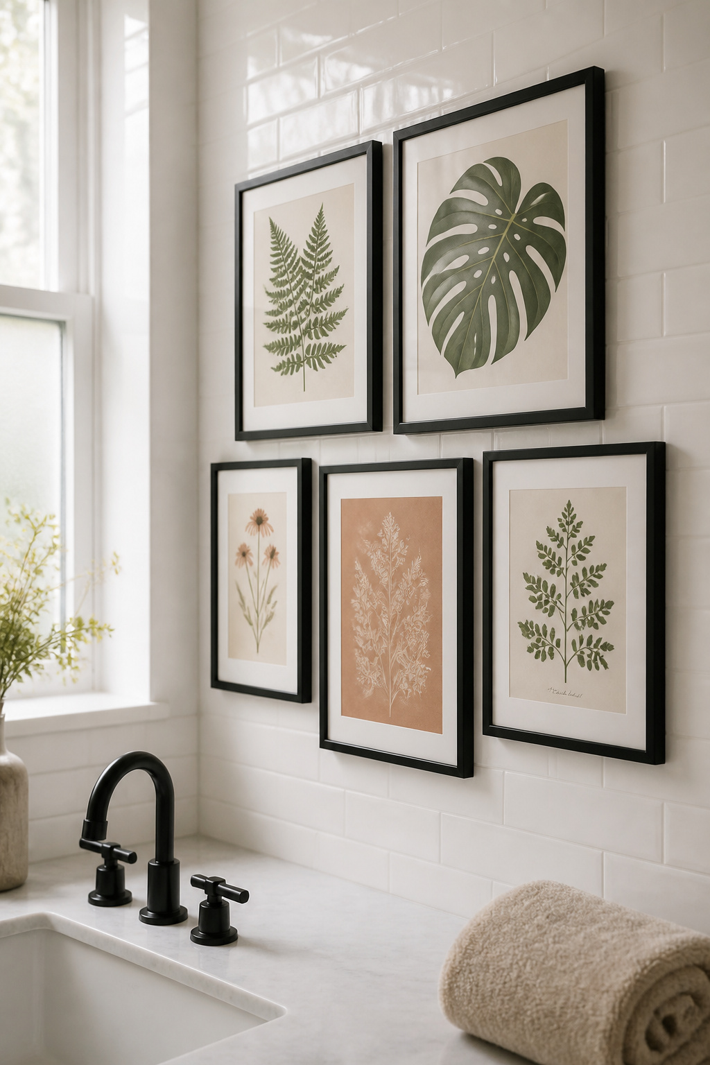A curated botanical gallery wall brings nature's calming presence into the bathroom — five framed prints in a tight, intentional arrangement that feels like a collection, not decoration.