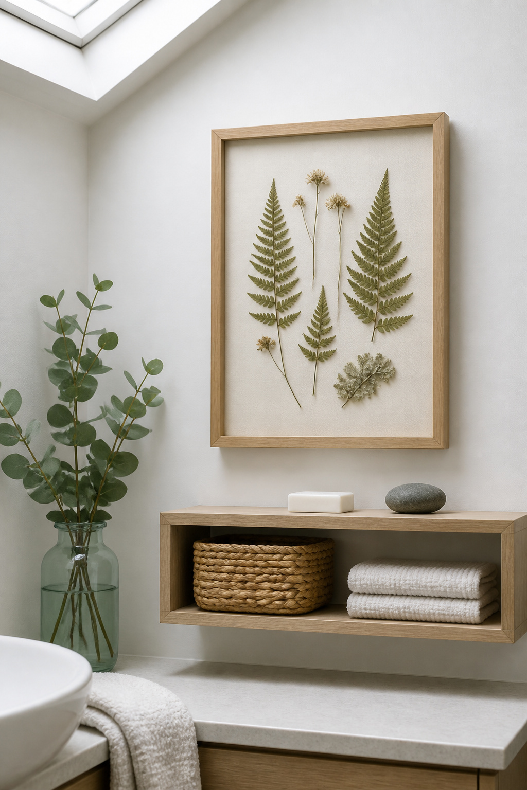 A DIY pressed botanical under glass brings the maker's hand into the bathroom — ferns and dried wildflowers arranged with intention create something more personally resonant than any purchased print.