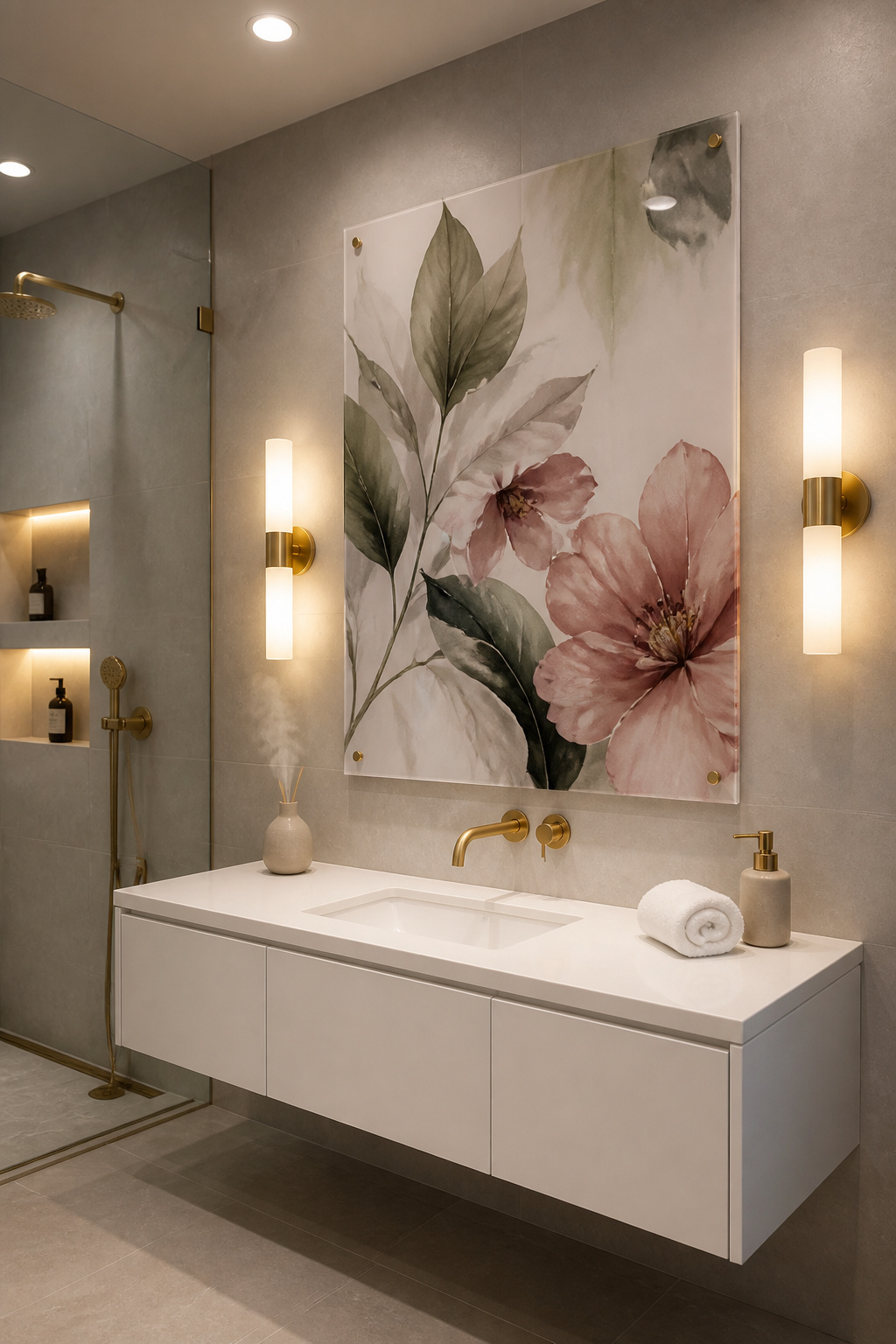 An acrylic face-mount botanical print brings gallery-level quality to a steam-prone bathroom wall — the sealed acrylic surface handles humidity without degradation and deepens colour saturation.