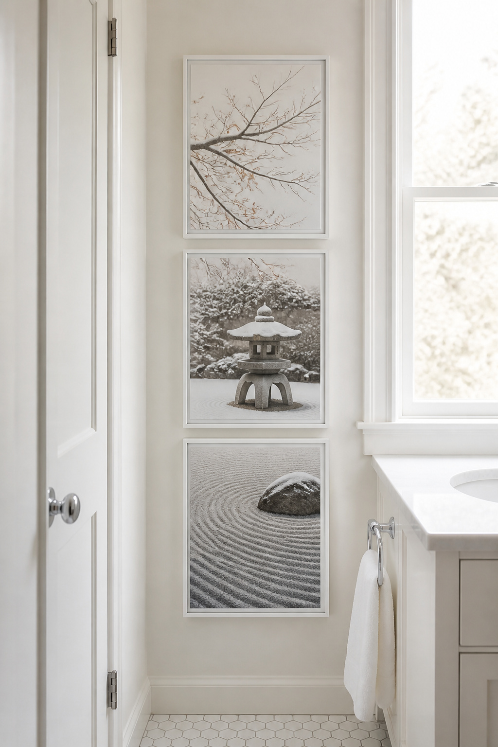 A three-panel triptych of a winter Japanese garden fills a narrow bathroom wall zone that no single print could occupy gracefully — the continuous panorama reads as one unified artwork despite the gaps.