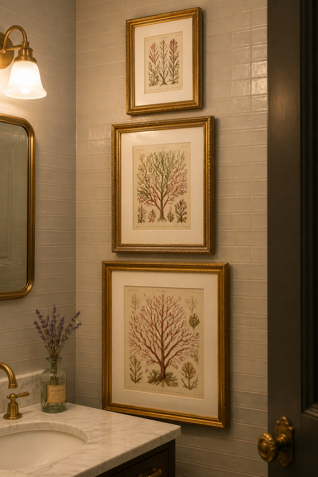 Three vintage Haeckel botanical illustrations in gilded frames create a wall arrangement that carries 19th-century scientific authority into a contemporary bathroom setting.