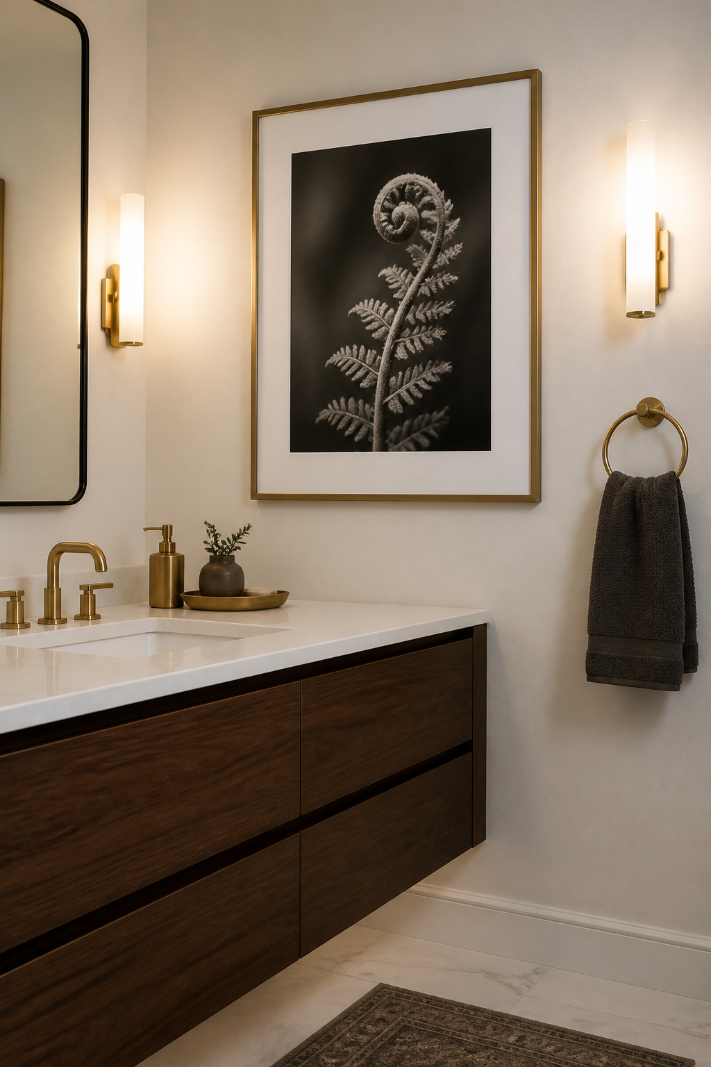A monochrome fern photograph in a warm brass frame creates sophisticated visual calm — the stripped-back palette works with any bathroom colour scheme and rewards unhurried looking.