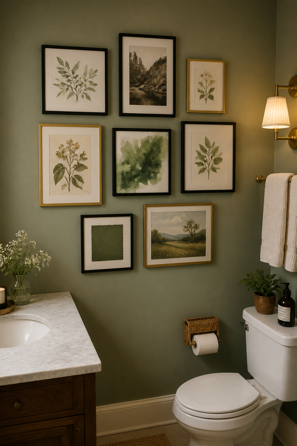 Eight mixed-frame prints on sage green walls create a gallery arrangement that feels curated over time — two-finish frame discipline holds the eclecticism together and keeps it intentional.
