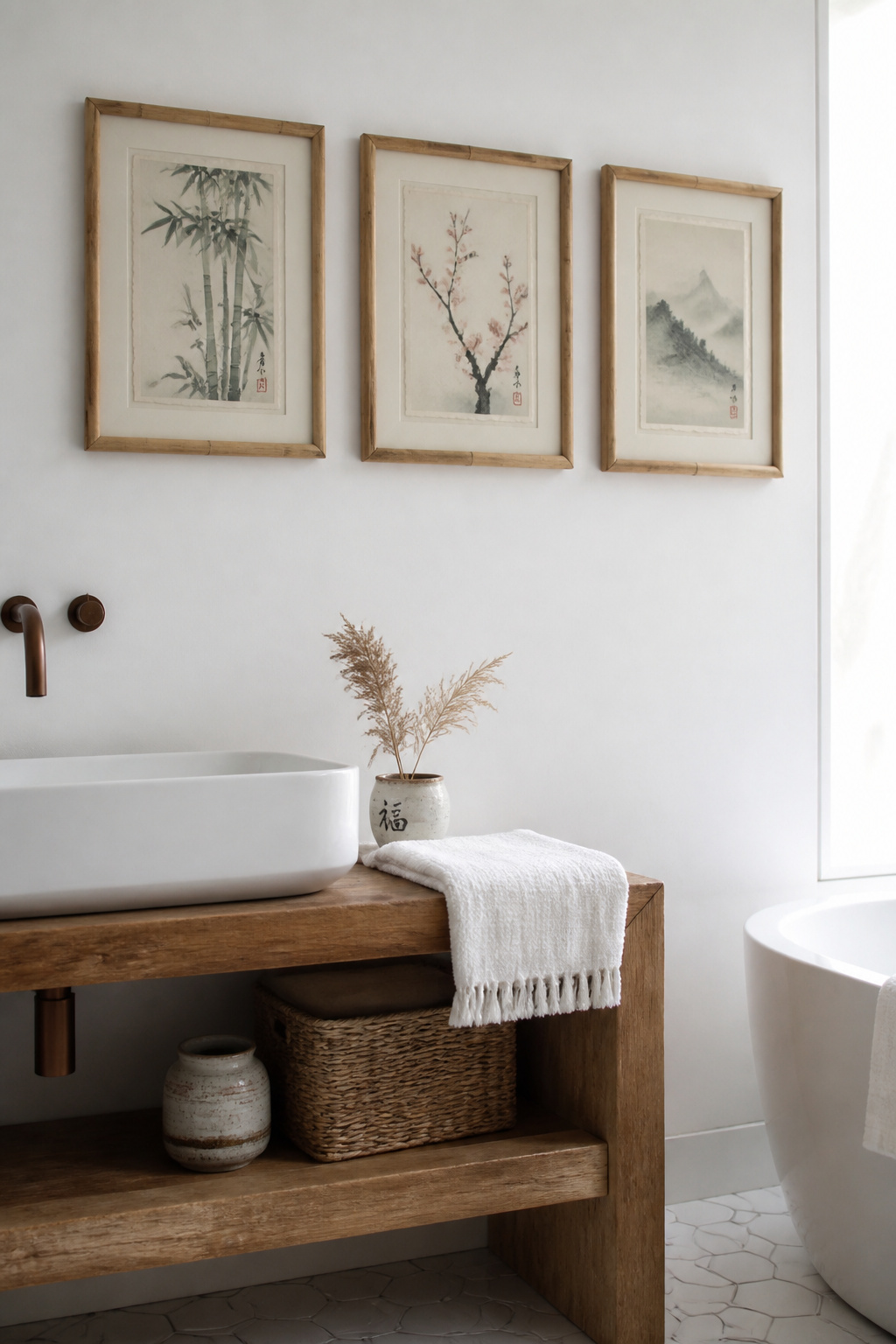 Three small nature prints in washi-style bamboo frames bring a gentle Japanese aesthetic to a bathroom wall — the natural frame texture honours the unhurried quality of the prints themselves.