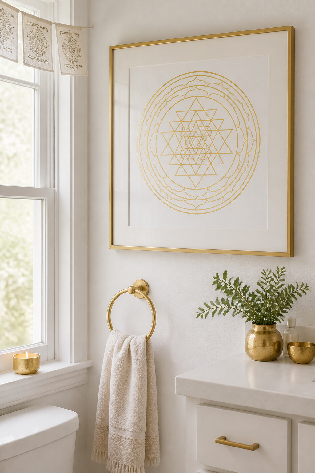 A gold Sri Yantra on white mounted beside a morning window creates a quietly luminous focal point — the sacred geometry rewards extended visual attention in a way that purely decorative prints do not.