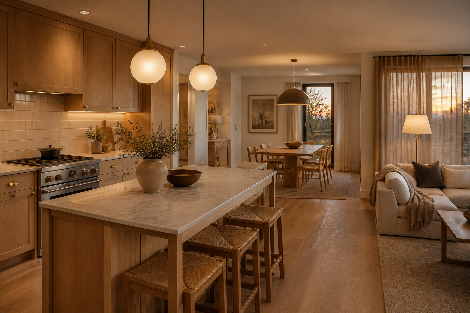A Scandinavian kitchen at dusk, lit by frosted globe pendants, warm under-cabinet LED strips, and soft evening light — the layered lighting approach that defines Nordic kitchen design.