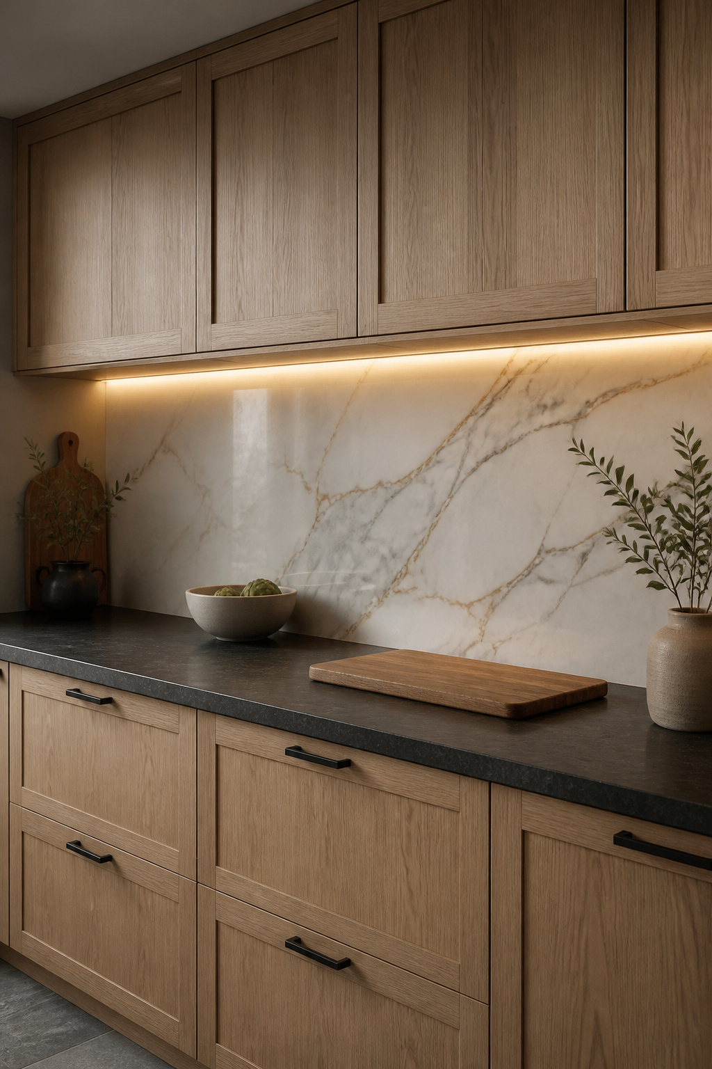 Under-cabinet LED strips positioned 1.5 inches back from the cabinet face illuminate the Calacatta marble backsplash and slate counter — the most transformative kitchen lighting upgrade for the lowest cost.