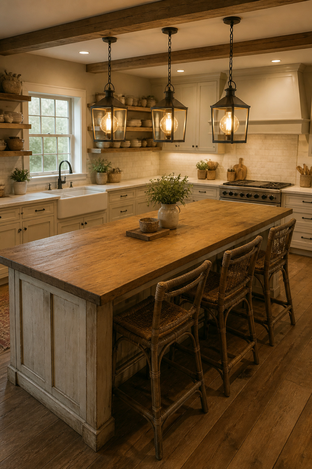 Three aged iron cage lantern pendants spaced perfectly above a reclaimed pine butcher block island — functional task light delivered through a farmhouse form that works equally well in transitional kitchens.