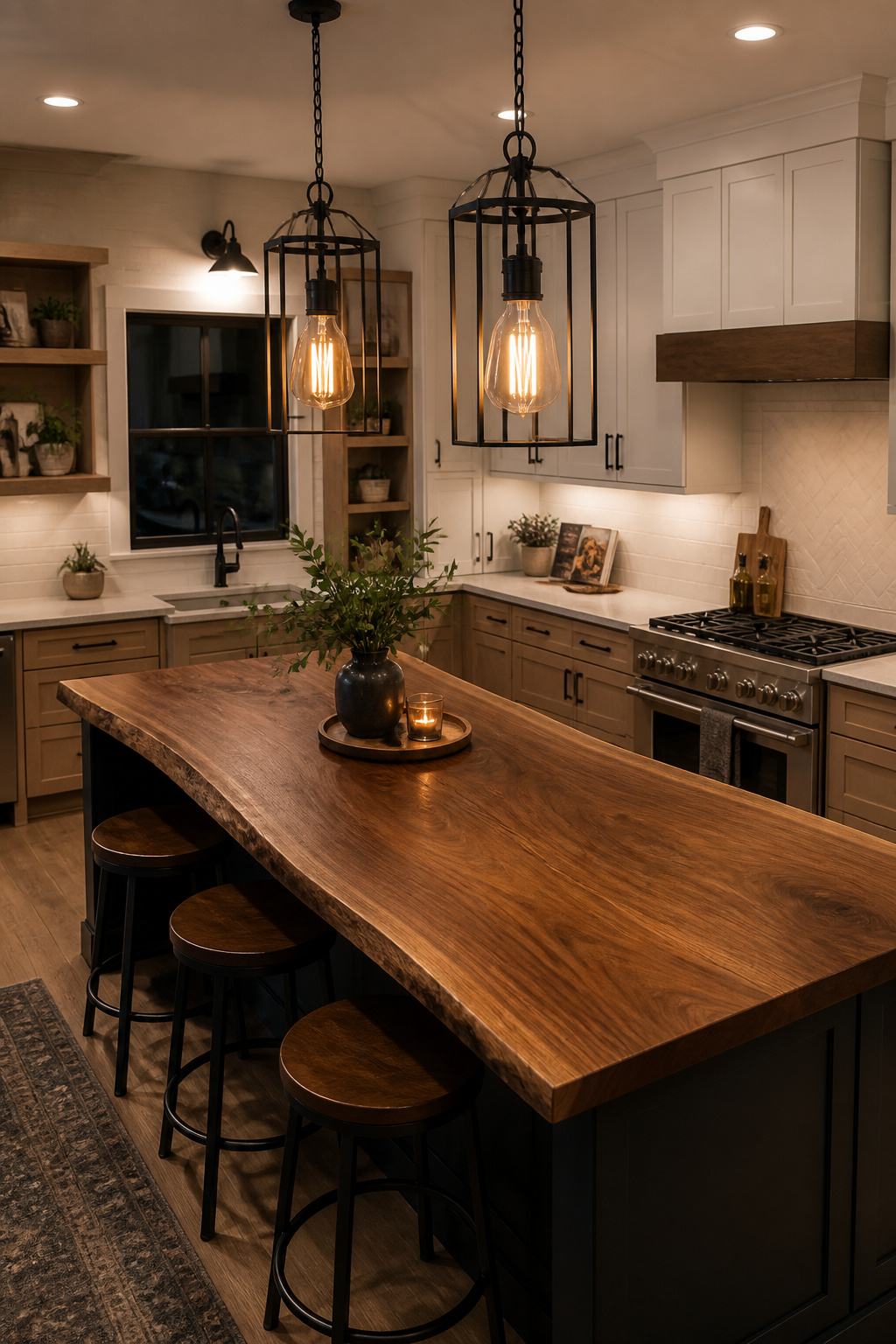Two matte black cage pendants with amber filament bulbs above a live-edge walnut island — the open frame brings industrial edge while the warm bulb glow keeps the kitchen from feeling cold.
