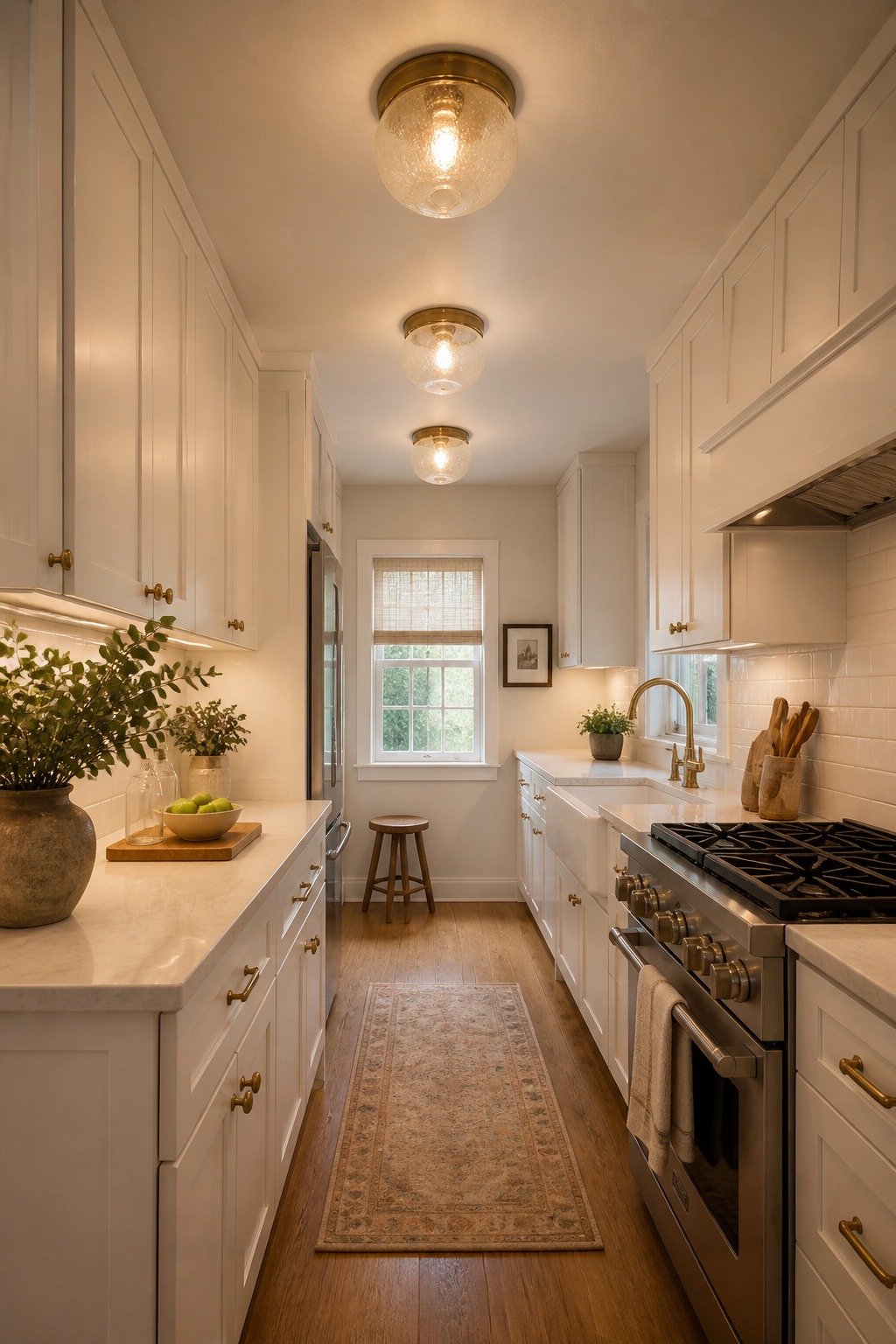 Three matching seeded glass dome flush-mounts spaced over prep, sink, and cooking zones in a white shaker galley kitchen — uniform coverage without sacrificing any ceiling clearance.