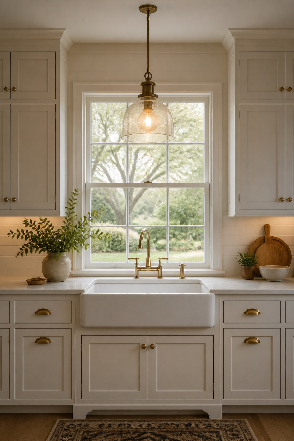 A single seeded glass bell jar pendant above a white apron sink — centred composition and aged brass hardware create a classic kitchen vignette that always looks intentional.
