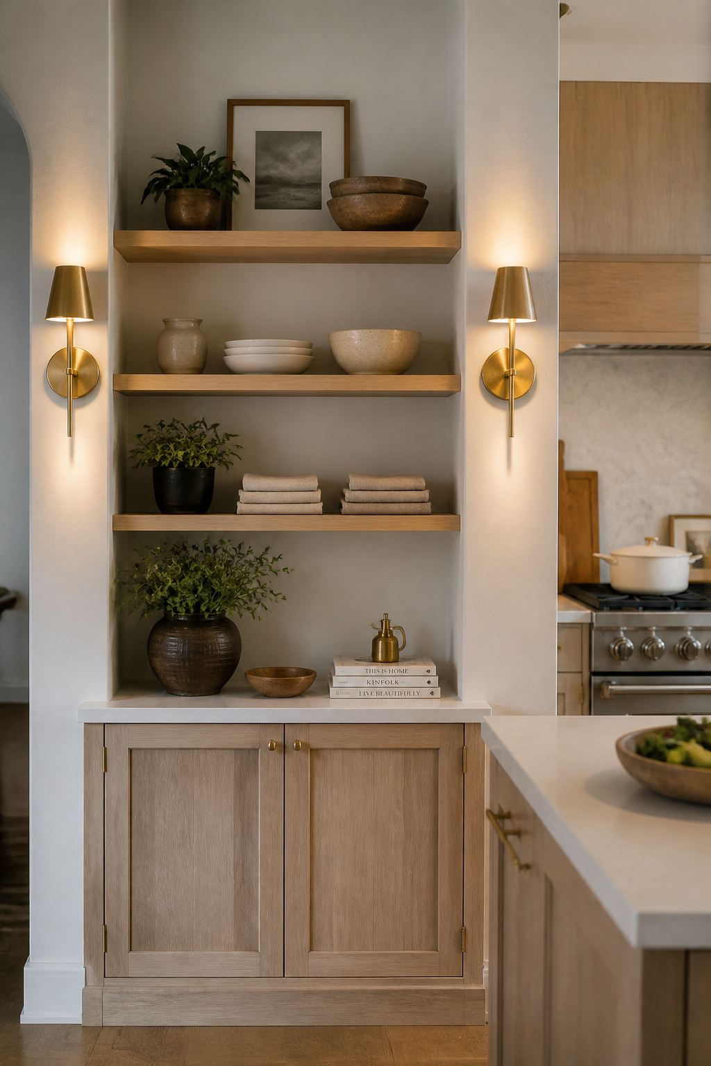 Brushed brass wall sconces flanking white oak open shelving at 60 inches — gallery-style side lighting that turns a display shelf into an intentional composition.