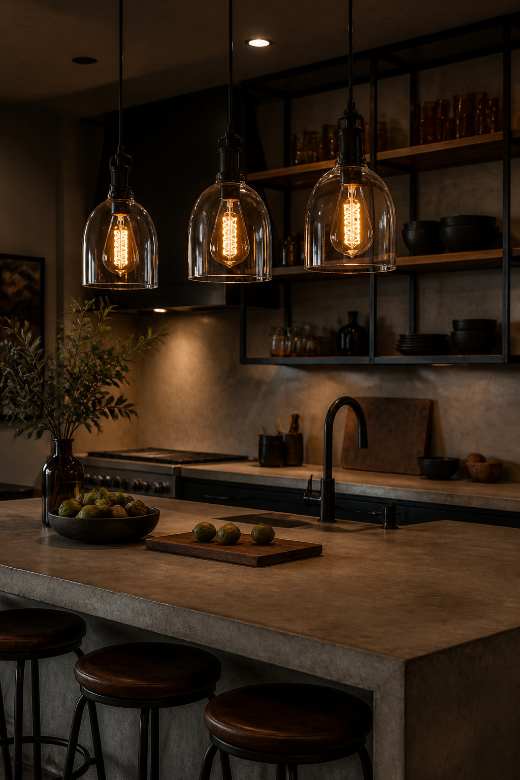 Three clear glass pendants with exposed squirrel-cage filament LEDs at 2200K above a concrete island — the amber glow that no diffused fixture replicates, used as atmosphere rather than task light.