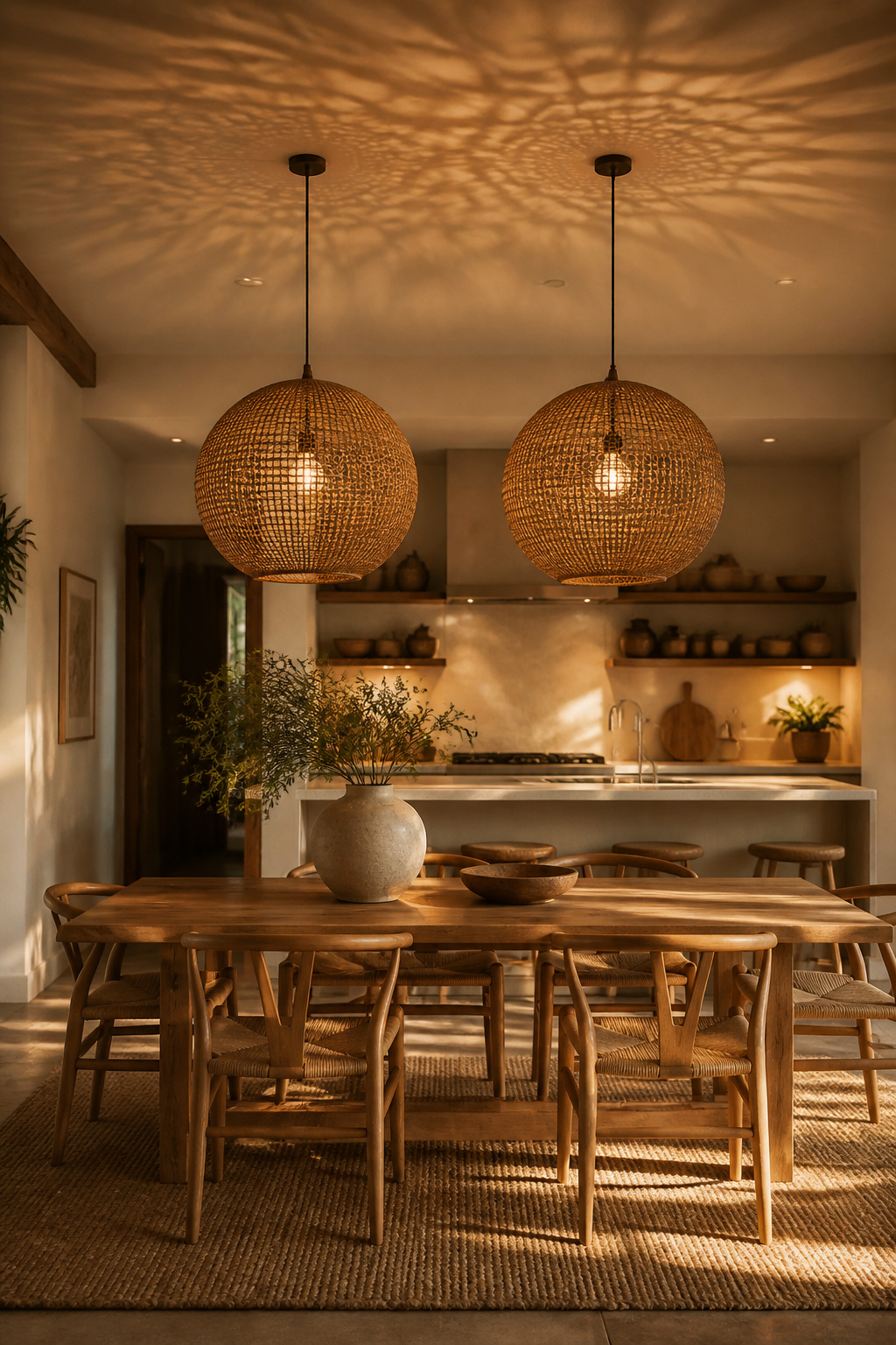 Woven rattan globe pendants above a natural oak dining table cast intricate light patterns on the ceiling — organic texture that flatters every neutral kitchen palette.