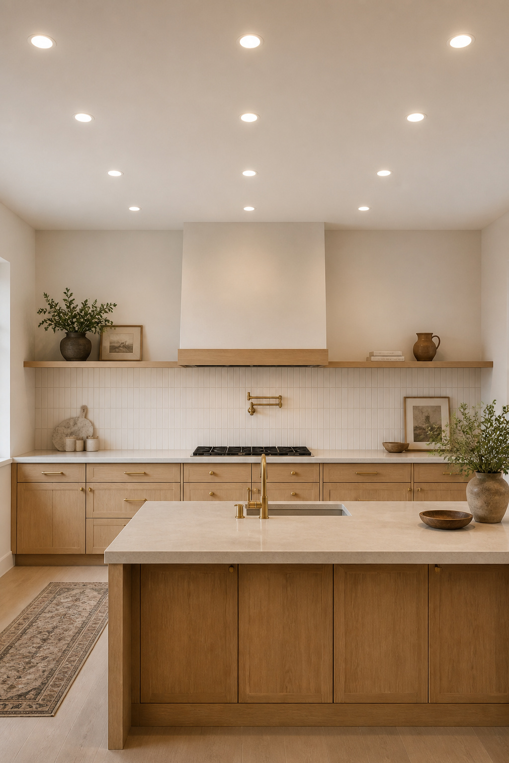 A precise grid of warm 3000K recessed LEDs delivers shadow-free illumination across the full Scandinavian kitchen — the invisible system that makes everything else look better.