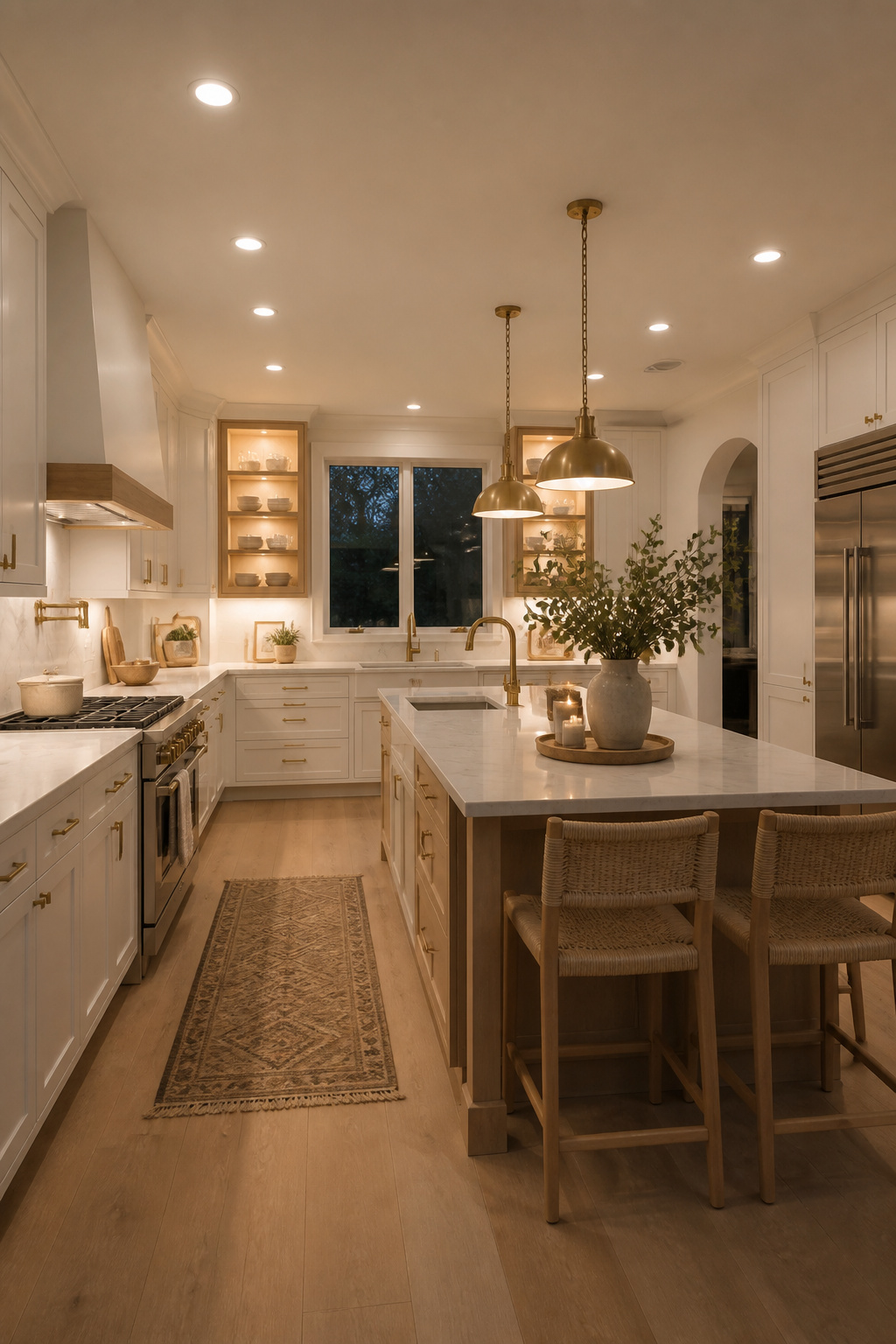 Three lighting layers in one Scandinavian kitchen — recessed ceiling LEDs, brass island pendants, and under-cabinet strips working together for full atmosphere control.