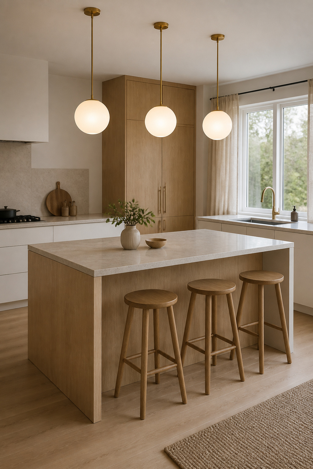 Three frosted opal globe pendants over a white oak Scandinavian kitchen island — the diffused light creates soft, even warmth that defines Nordic kitchen design.