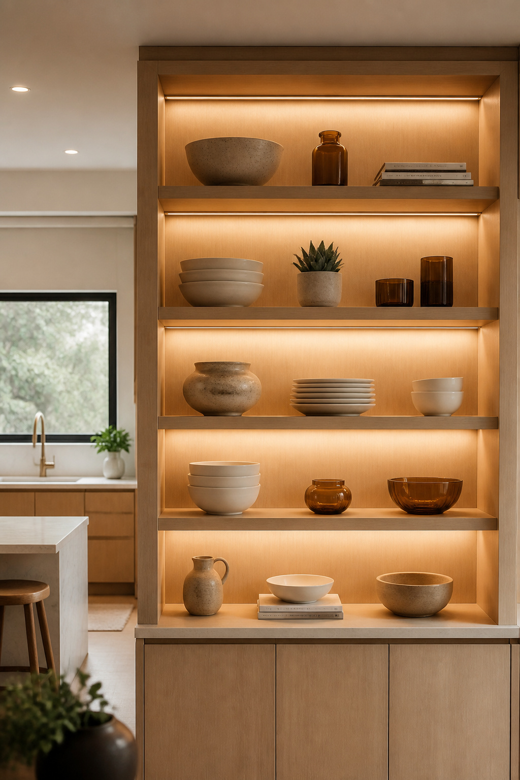 LED tape lighting recessed behind the shelf lip at 2700K illuminates cream ceramics and amber glass from above — the detail that separates a styled kitchen from a functional one.