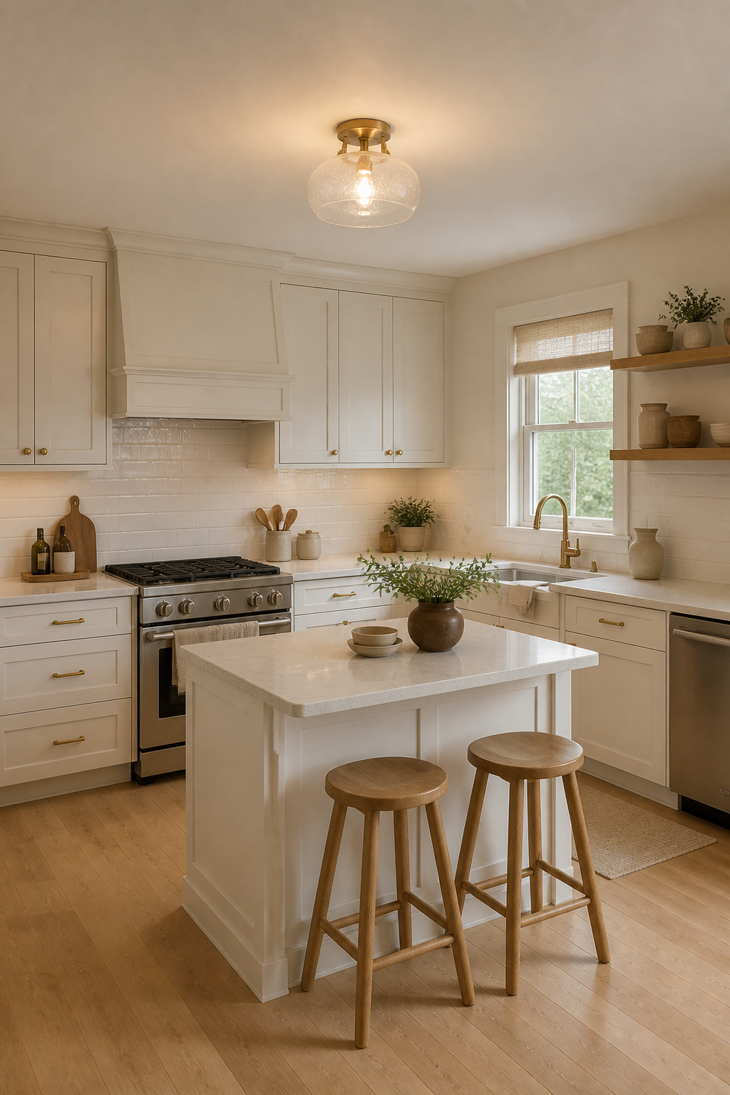 A seeded glass dome semi-flush in matte brass delivers warm 3000K light across a compact white Scandinavian kitchen — the considered fixture choice for kitchens where pendants aren't practical.