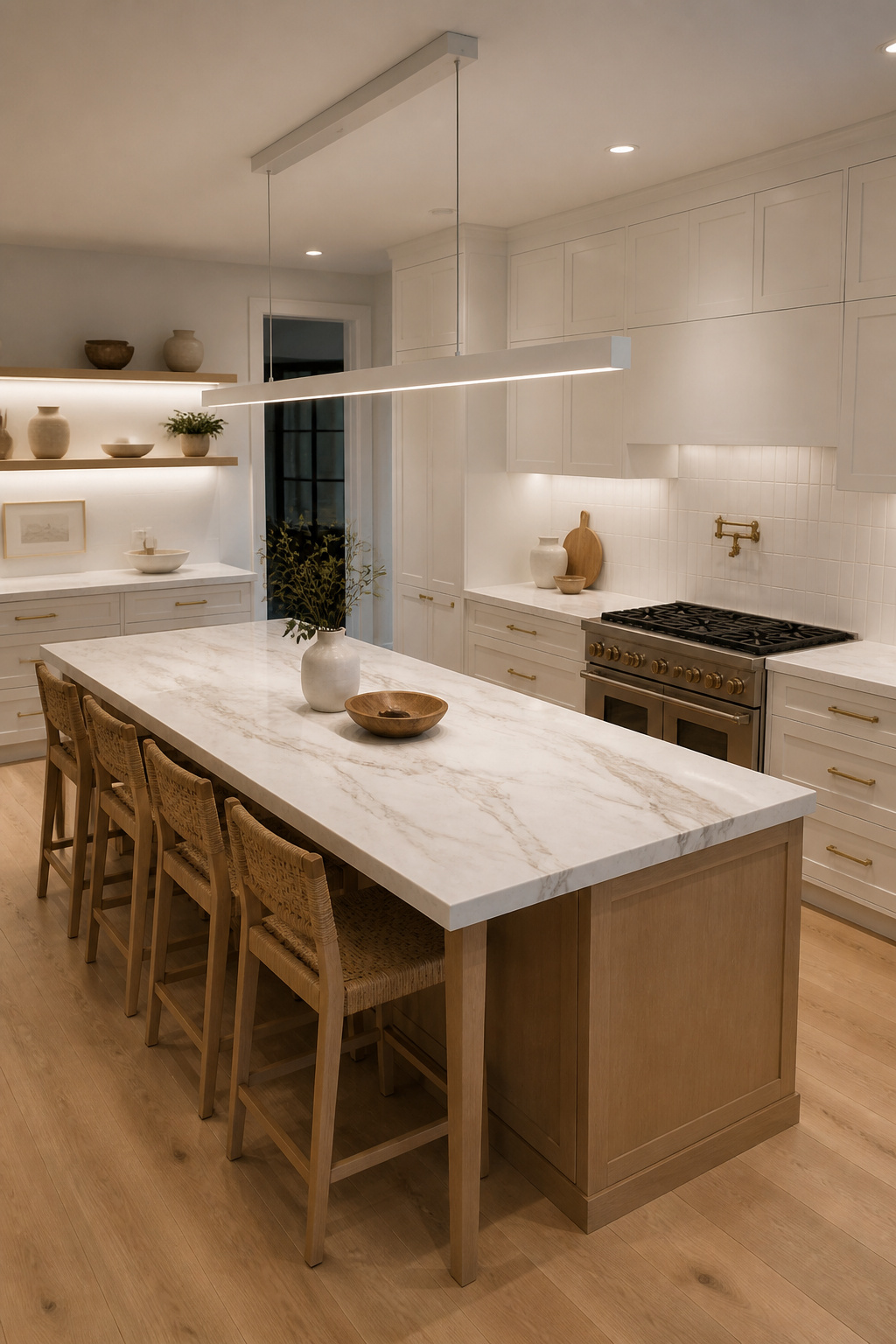 A single 54-inch linear pendant above a white oak island — one composition decision that solves both the spacing anxiety and the even-illumination challenge simultaneously.