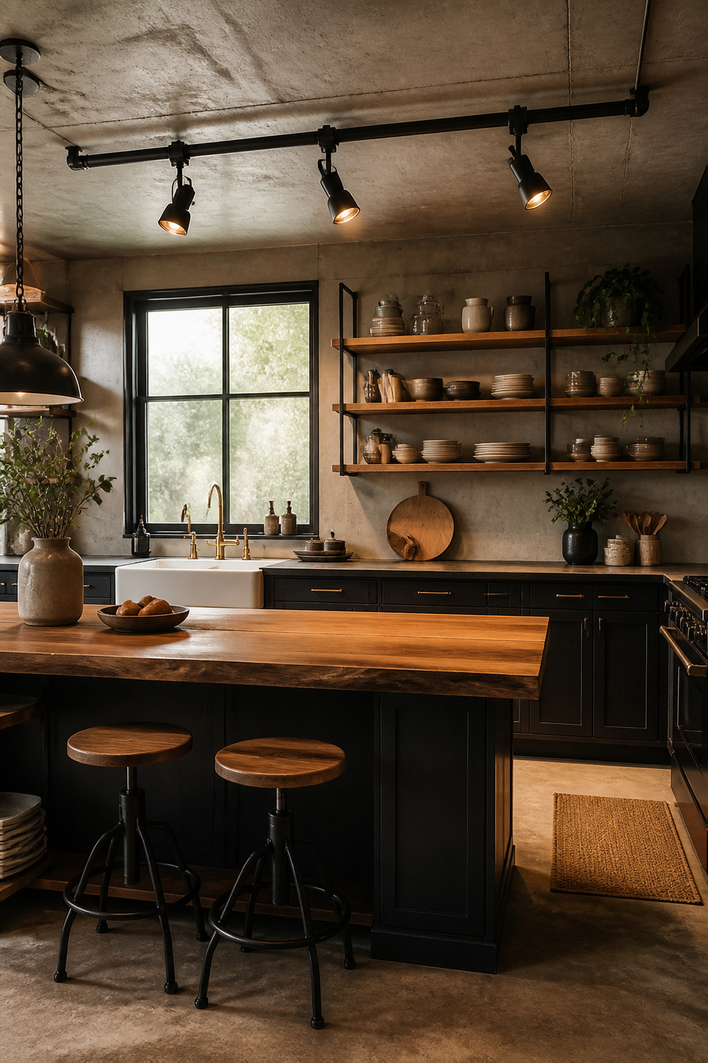 Matte black pipe-style track lighting angled at the island work surface — the industrial fixture sits naturally above a walnut counter and exposed steel shelving kitchen.
