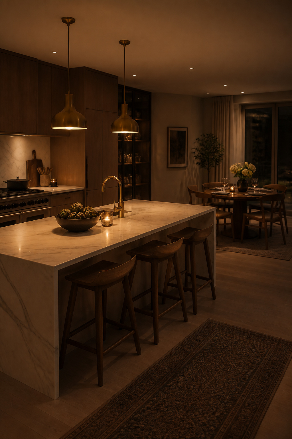 The same Scandinavian kitchen at 7pm — ambient LEDs dimmed to 30%, island pendants at 70% warm glow — the scene smart dimming creates without touching a single manual switch.