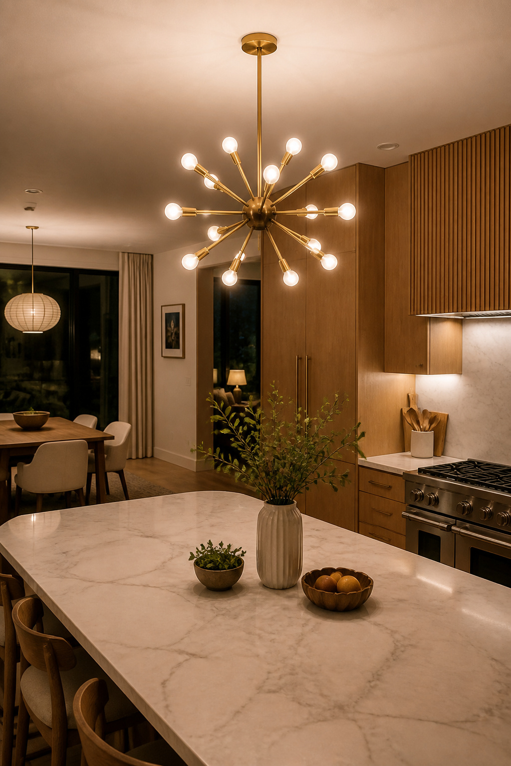 A brushed brass 12-arm Sputnik chandelier over a white marble kitchen island — mid-century sculptural presence in a Nordic open-plan kitchen.