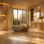 A complete Nordic spa master bathroom — rain shower, freestanding tub, heated travertine floor, and white oak vanity — the result of 15 deliberate remodel decisions working together.
