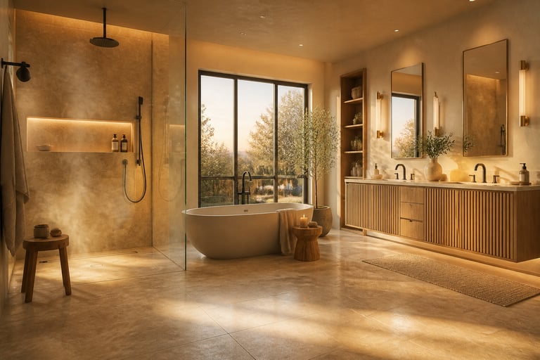 A complete Nordic spa master bathroom — rain shower, freestanding tub, heated travertine floor, and white oak vanity — the result of 15 deliberate remodel decisions working together.