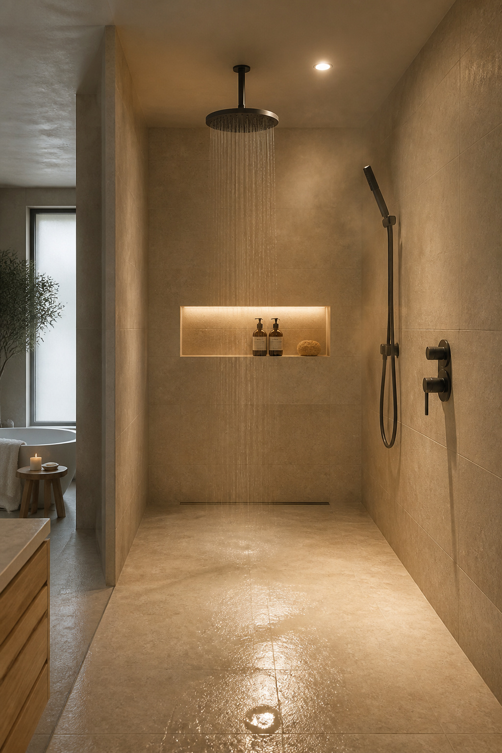 A curbless walk-in rain shower with ceiling-mounted head and linear drain — the zero-threshold wet room layout that makes a master bathroom feel genuinely spa-like.