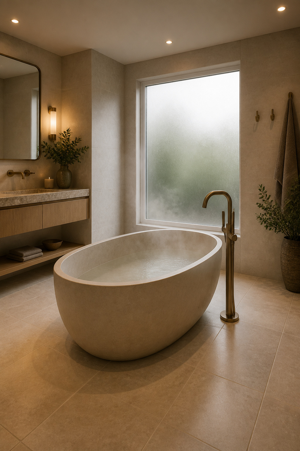 A matte stone resin freestanding tub positioned with 12 inches of clear space on all sides — floor-mounted brass filler, uninterrupted limestone floor, the sculptural centrepiece of a Nordic master bathroom.